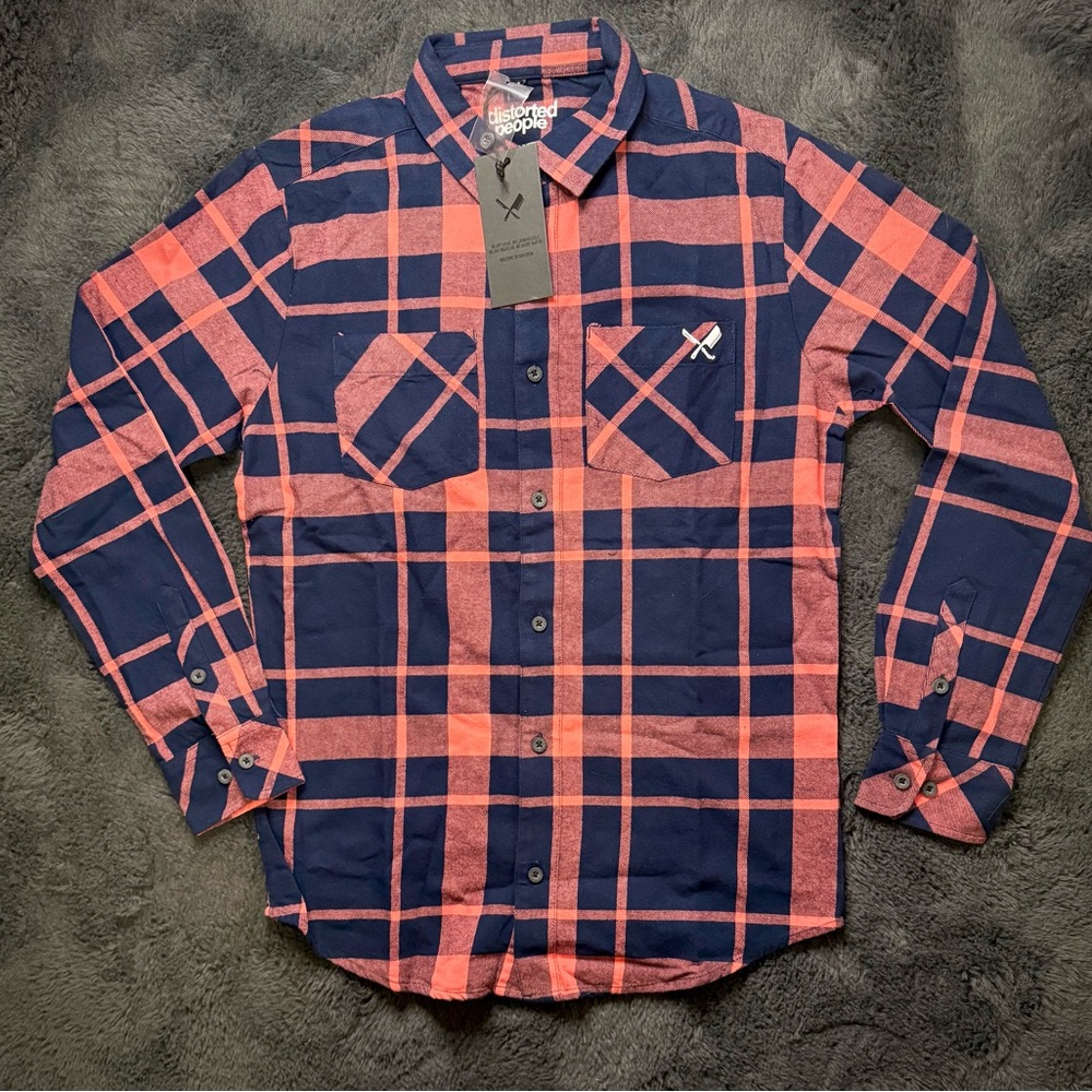 Distorted People Check Flannel  Navy/Spiced Coral Plaid Button-Up Shirt Size M